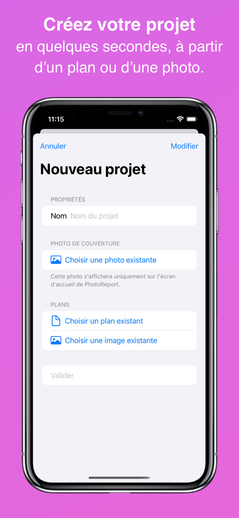 Interface de l'application PhotoReport pour démarrer un nouveau projet avec des options pour télécharger des plans et des photos sur un iPhone