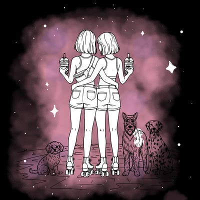 two girls are holding each other, each with a drink in their hand. one has a matcha and a bubble tea. both have short hair, shorts, and rollerblades. one has a fanny pack, and both are wearing short tops. the girl with the fanny pack has a maltipoo next to her on the ground, and the other girl has two dogs: one a russian terrier and the other a dalmatian.