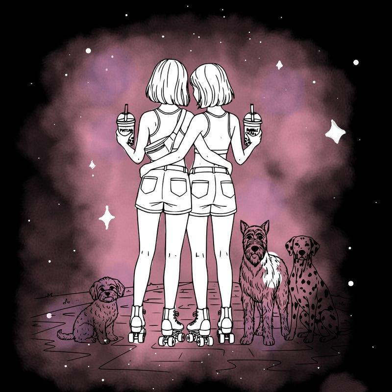 two girls are holding each other, each with a drink in their hand. one has a matcha and a bubble tea. both have short hair, shorts, and rollerblades. one has a fanny pack, and both are wearing short tops. the girl with the fanny pack has a maltipoo next to her on the ground, and the other girl has two dogs: one a russian terrier and the other a dalmatian.