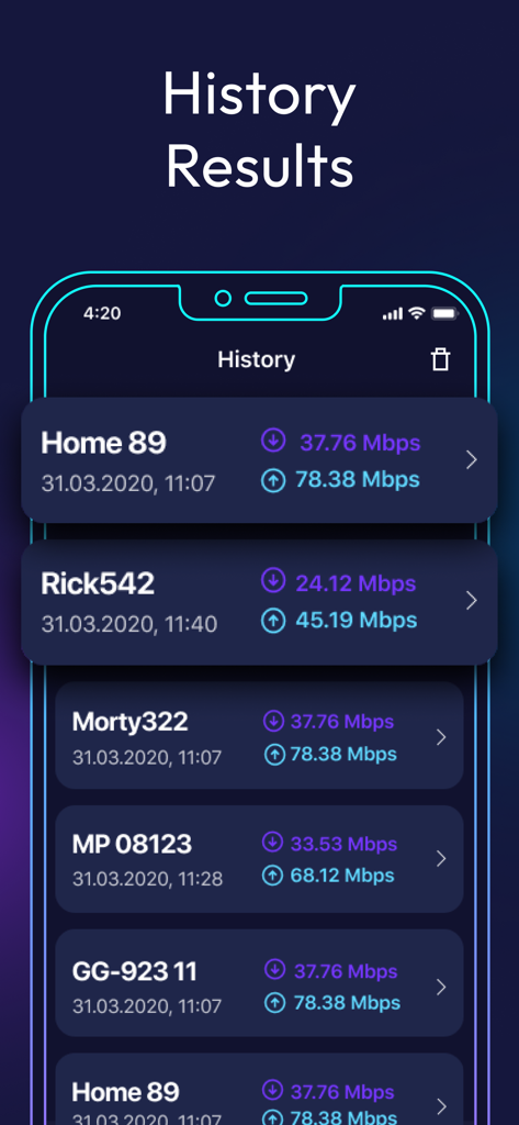Interfaz de la aplicación que muestra una lista de resultados anteriores de test de velocidad de internet, incluyendo velocidades de descarga y carga.