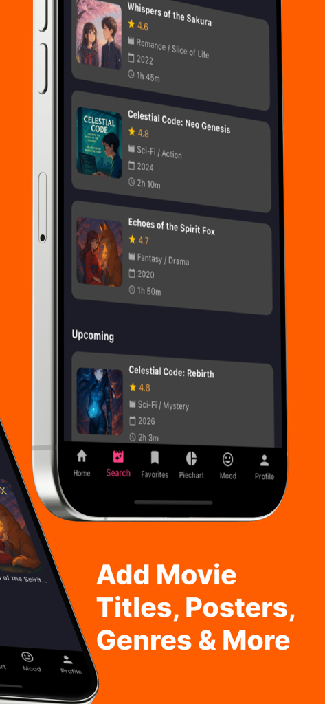 AniStreamX - AniStreamX 앱 인터페이스가 제목, 포스터 및 장르가 있는 영화 목록을 보여줍니다.