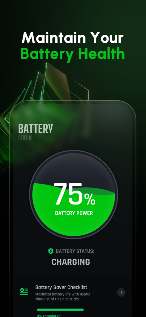Battery Life Health Doctor Pro - Battery Life Health Doctor Pro app displaying 75 percent charging status and health monitor