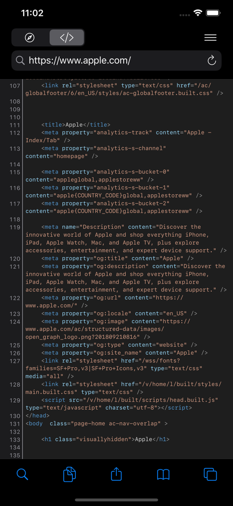 HTML Viewer Pro - iPhone screen displaying the HTML source code of a website with syntax highlighting