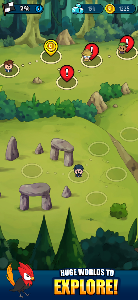 Dynamons World - 緑豊かな森の環境で、キャラクターの現在地やクエストマーカーが表示されたダイナモンズ・ワールドのゲームマップの俯瞰図