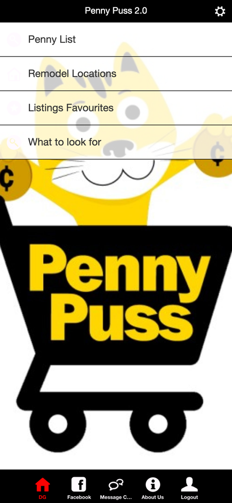 Main menu of the Penny Puss 2.0 mobile app featuring a cartoon cat mascot and shopping cart logo