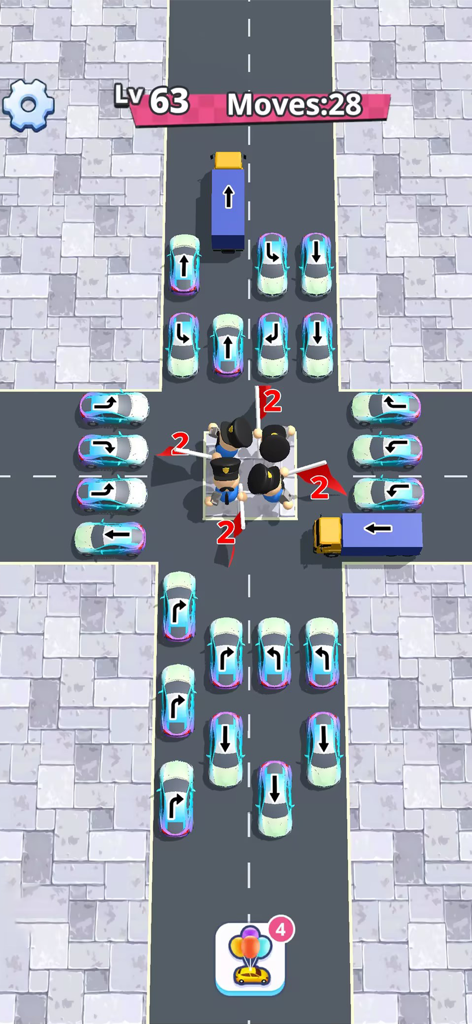 Traffic 3D Parking: Escape Jam - Top down gameplay view of a traffic jam puzzle at an intersection in Traffic 3D Parking