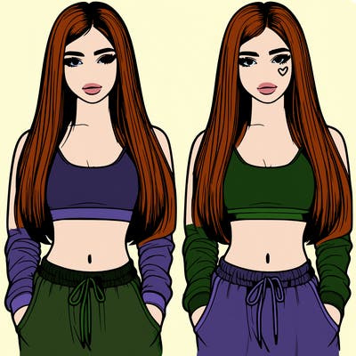 realistic girl with straight long hair and a crop top with sweatpants