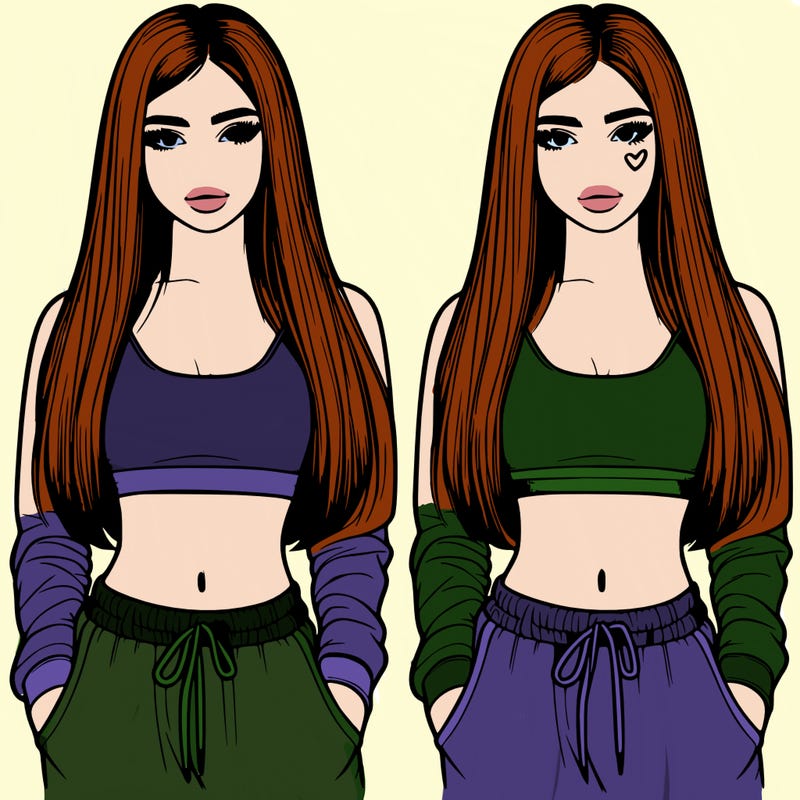 realistic girl with straight long hair and a crop top with sweatpants