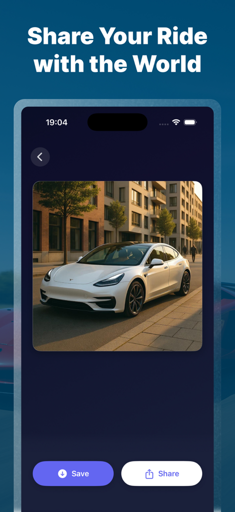 AI Car Tuning Designer Tool - AI Car Tuning Designer app showing a custom white car on a city street with save and share buttons