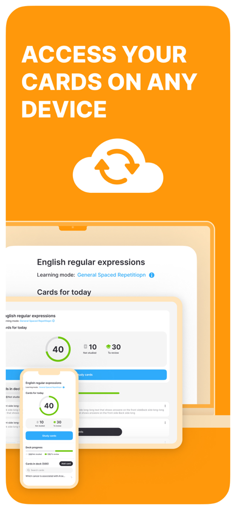Noji flashcards app interface displayed on a smartphone, tablet, and laptop to show cross-platform synchronization.