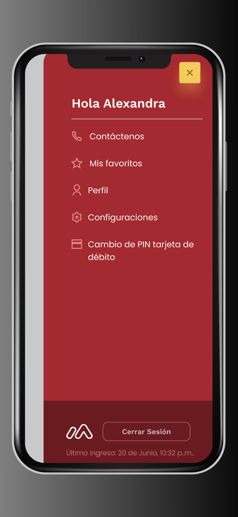 User menu of the Mutual Movil banking app showing profile and settings options