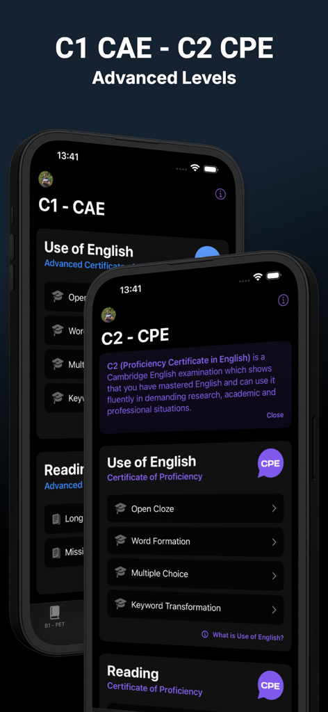 Use of English AI - Use of English AI app interface displaying practice categories for C1 CAE and C2 CPE advanced levels