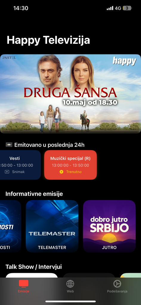 HappyTV Live mobile app interface displaying Serbian news and talk shows