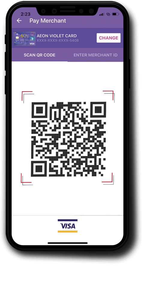 AEON Card Mobile pay merchant screen with QR code scan feature