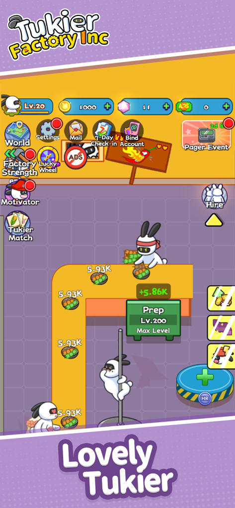 Tukier Factory Inc.-Idle Game - Cute bunnies working on a production line in the Tukier Factory Inc idle game.