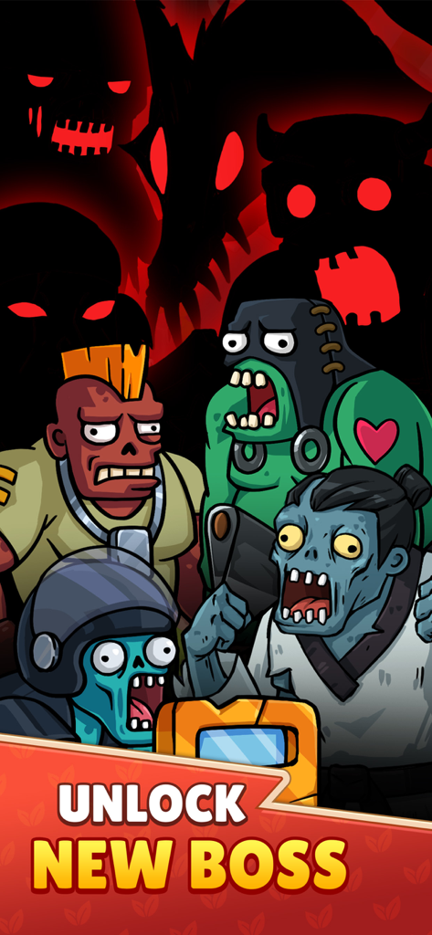 Flower zombie: City Defense - Divertidos zombies caricaturescos parados frente a oscuros monstruos sombríos con el texto Desbloquear Nuevo Jefe.