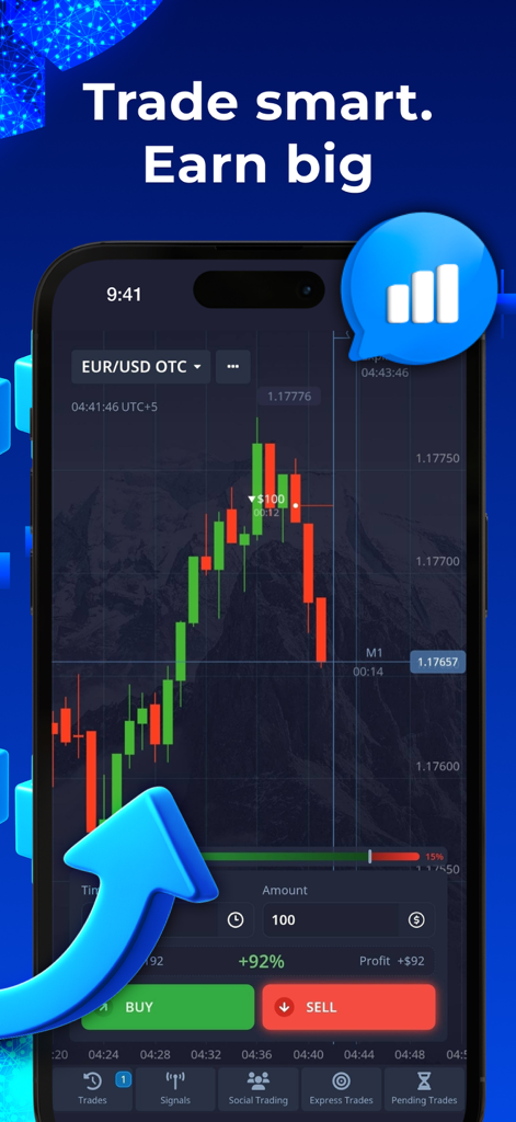 My PосkеtОptiоn : Smart list - Interface de aplicativo de negociação móvel mostrando gráficos de velas e botões de compra e venda