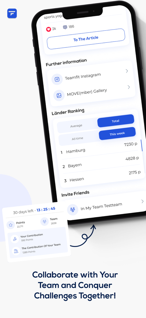 Teamfit App-Oberfläche, die Teamrankings und gesammelte Punkte während gemeinsamer Fitness-Challenges zeigt