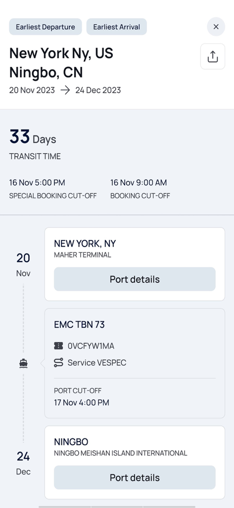 A screenshot of the APL Shipping app showing shipment transit details from New York to Ningbo