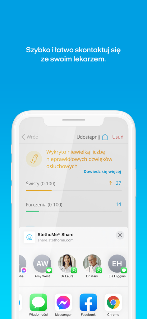 StethoMe app interface showing lung sound analysis and sharing options with doctors