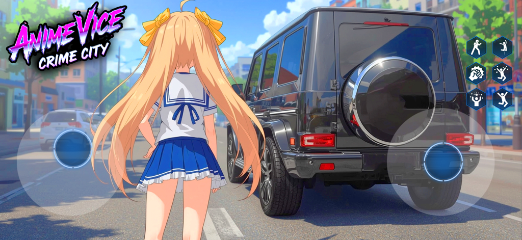 Grand Impact : The Anime Saga - Anime girl character in a school uniform standing next to a black SUV on a city street