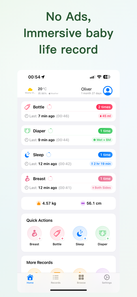 Interface do aplicativo Baby Memos mostrando um painel com registros diários de alimentação, trocas de fraldas e sessões de sono