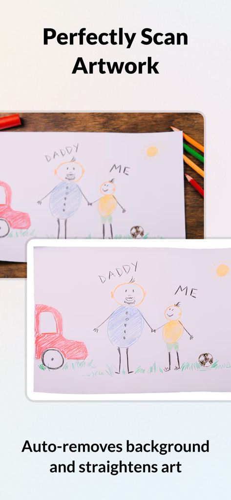 Demonstração do aplicativo de um desenho infantil sendo cortado e endireitado automaticamente para arquivamento digital