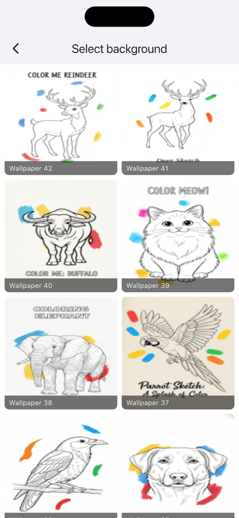 PaintHood - Simple Drawing App - A selection screen in the PaintHood app showing various animal sketches like a cat and elephant for coloring