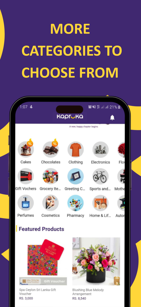 Kapruka mobile app screen displaying a variety of shopping categories like cakes chocolates flowers and electronics