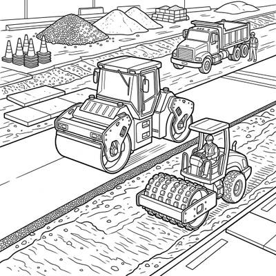 Explore the exciting world of heavy machinery with this detailed coloring page featuring powerful compactors and road rollers on a busy construction site. Bring this dynamic scene to life with your favorite colors and creative flair.