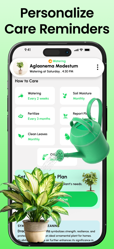Plant Identifier + Plant Care - Pantalla de smartphone mostrando recordatorios de cuidado de plantas personalizados para riego y fertilización con una ilustración de regadera verde.