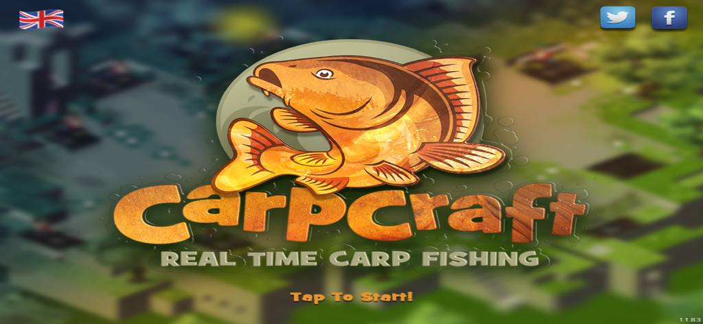 Pantalla de inicio del juego móvil de pesca de carpas en tiempo real Carpcraft, con un logo de carpa grande y un mensaje de pulsar para empezar.