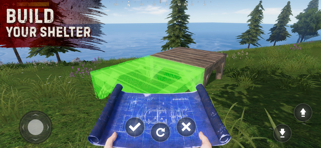 Gameplay screenshot of base building in Oxide Survival Island Online showing a player using a blueprint to place a wooden shelter foundation.