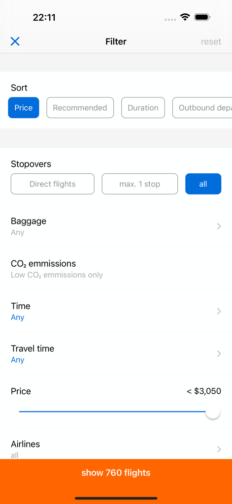 idealo flights: cheap tickets - Interface of the idealo flights app showing various filter options like price, stopovers, and baggage.