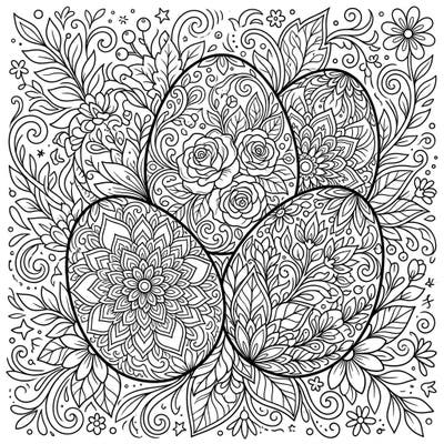 Discover a stunning coloring page featuring four intricately decorated Easter eggs, adorned with beautiful floral and botanical patterns. Perfect for teens seeking a detailed and engaging artistic challenge during the Easter season.