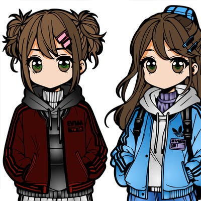 two anime girls wearing streetwear