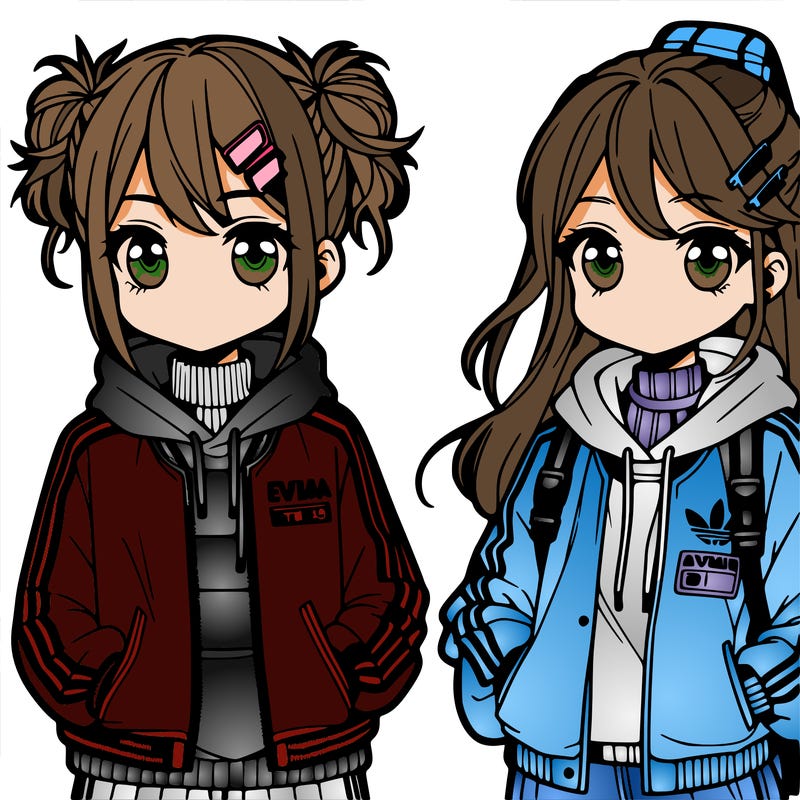 two anime girls wearing streetwear