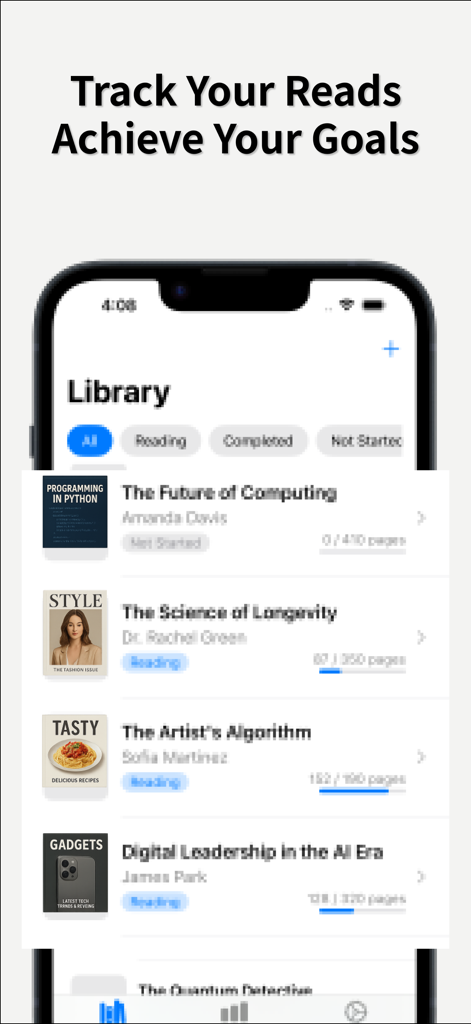 Read Progre ss: Book Journal - Tela da biblioteca do aplicativo Read Progress, um diário de livros, exibindo títulos de livros e barras de progresso.