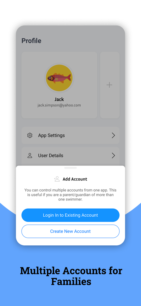 Swimpion: Swimming App - Interface of the Swimpion app showing the multiple accounts feature for parents to manage several swimmers from one profile.