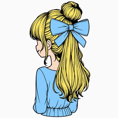 realistic girl  with hip length hair a bun and a big bow on the back of head