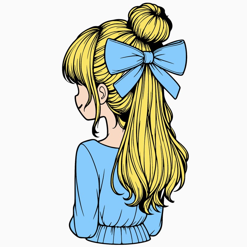 realistic girl  with hip length hair a bun and a big bow on the back of head