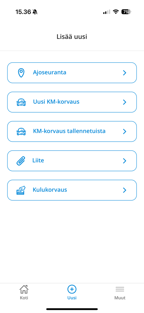 Visma M2 mobile app interface showing options for adding new mileage tracking and expense claims