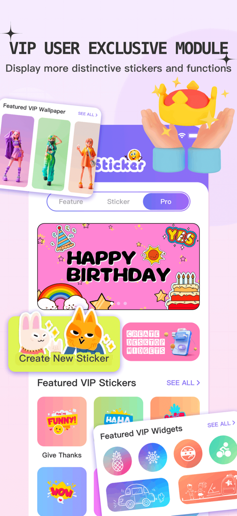 Interface do módulo VIP do aplicativo Happy Stickers mostrando stickers exclusivos VIP, wallpapers boutique e widgets interessantes.