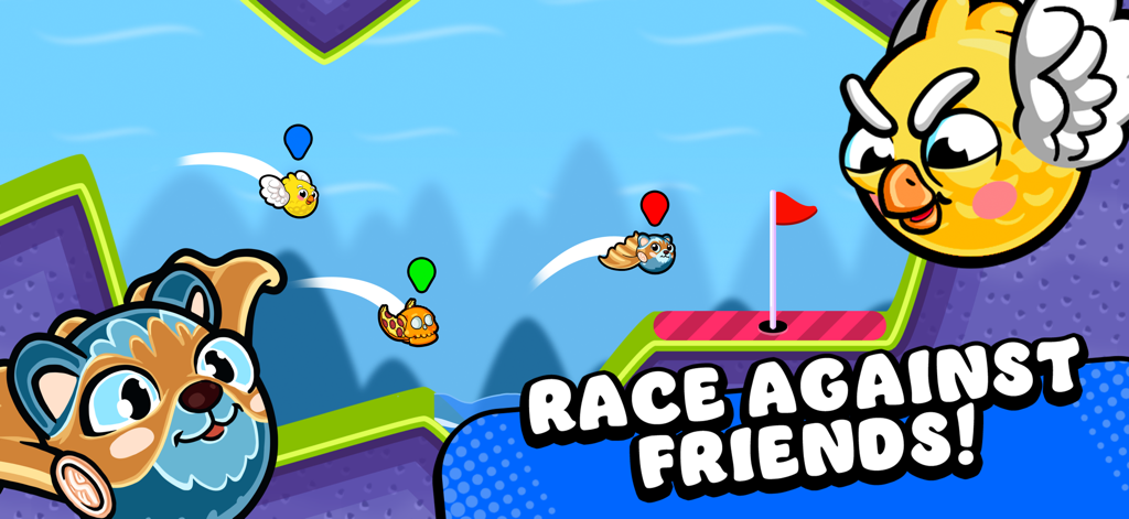 A group of colorful birdie characters racing toward a golf flag in Super Flappy Golf.