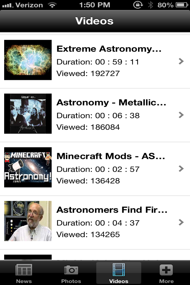 News: Astronomy Edition - A list of astronomy-themed videos within the News Astronomy Edition mobile app