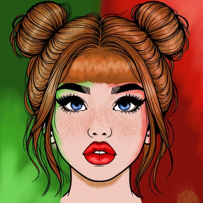 realistic girl with two buns on her hair and lips