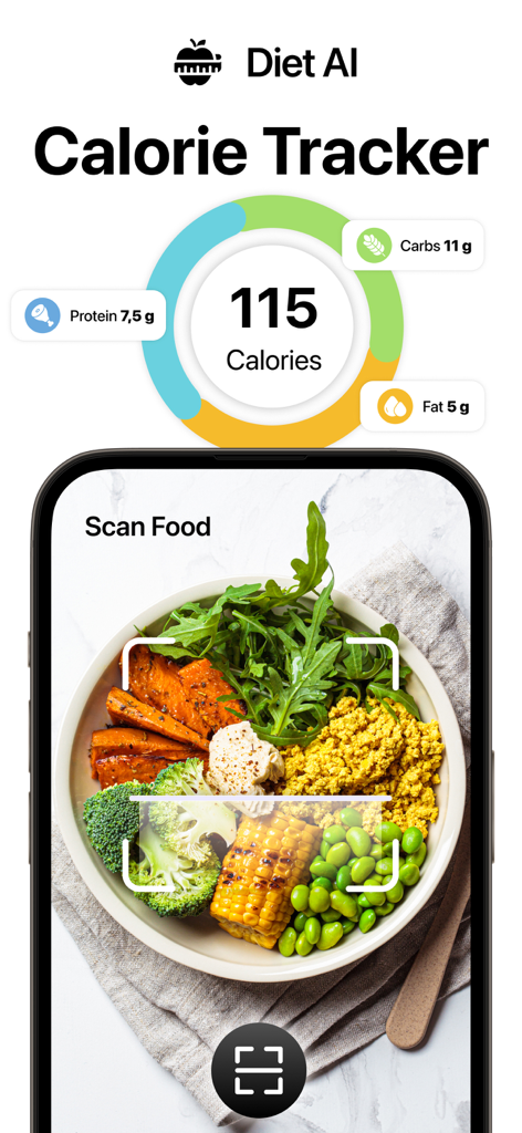 Diet AI - Calorie Counter - Diet AI calorie tracker interface showing calories macros and food scan feature