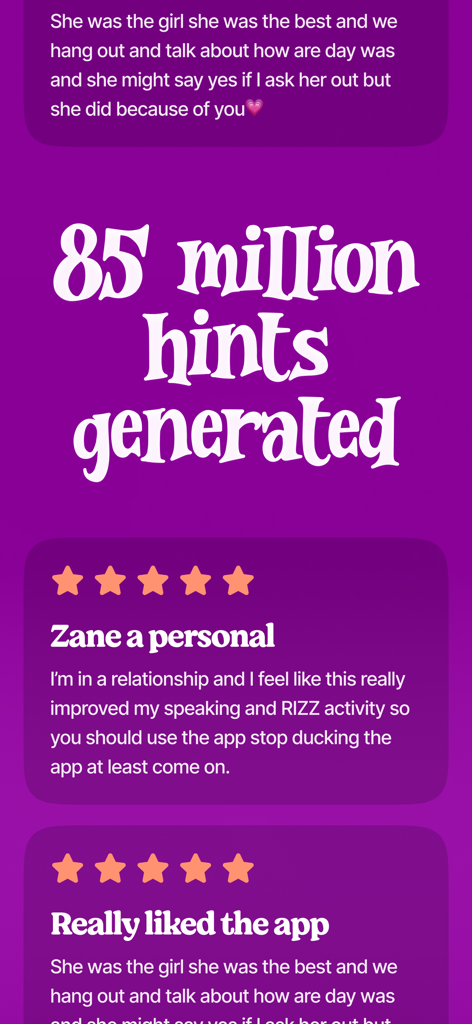 Social Wizard - up ur game - Screenshot of the Social Wizard app showing 85 million hints generated and positive user reviews about dating success and rizz activity