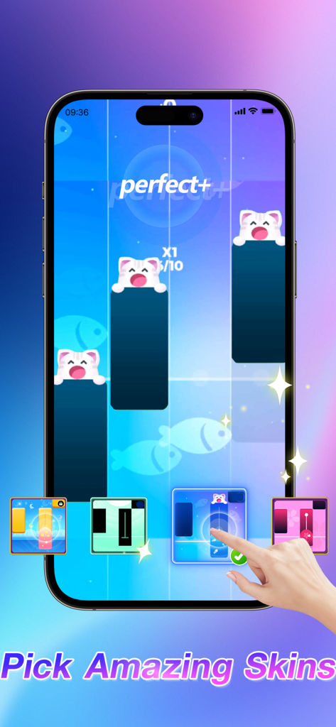 A player choosing a cat themed skin for the music tiles in the Rhythm Rush 2 mobile game.