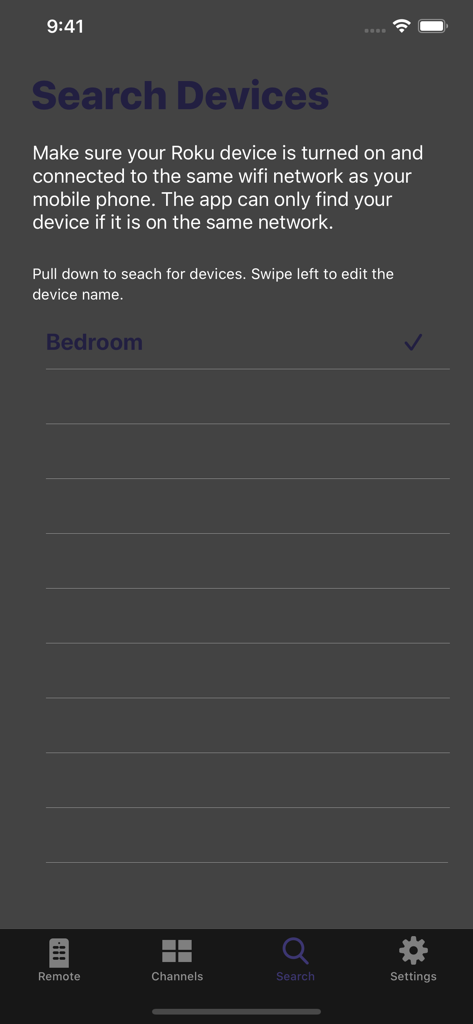 Widget Remote for Roku - Pantalla dentro de la aplicación Widget Remote para Roku utilizada para buscar y gestionar dispositivos Roku conectados en la misma red Wi-Fi